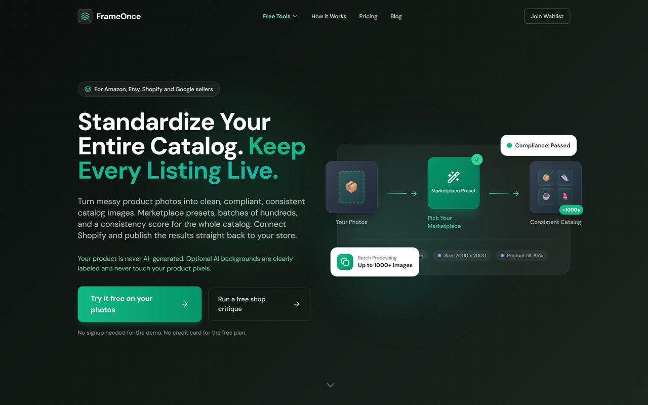 FrameOnce — standardize your entire product catalog and keep every listing live